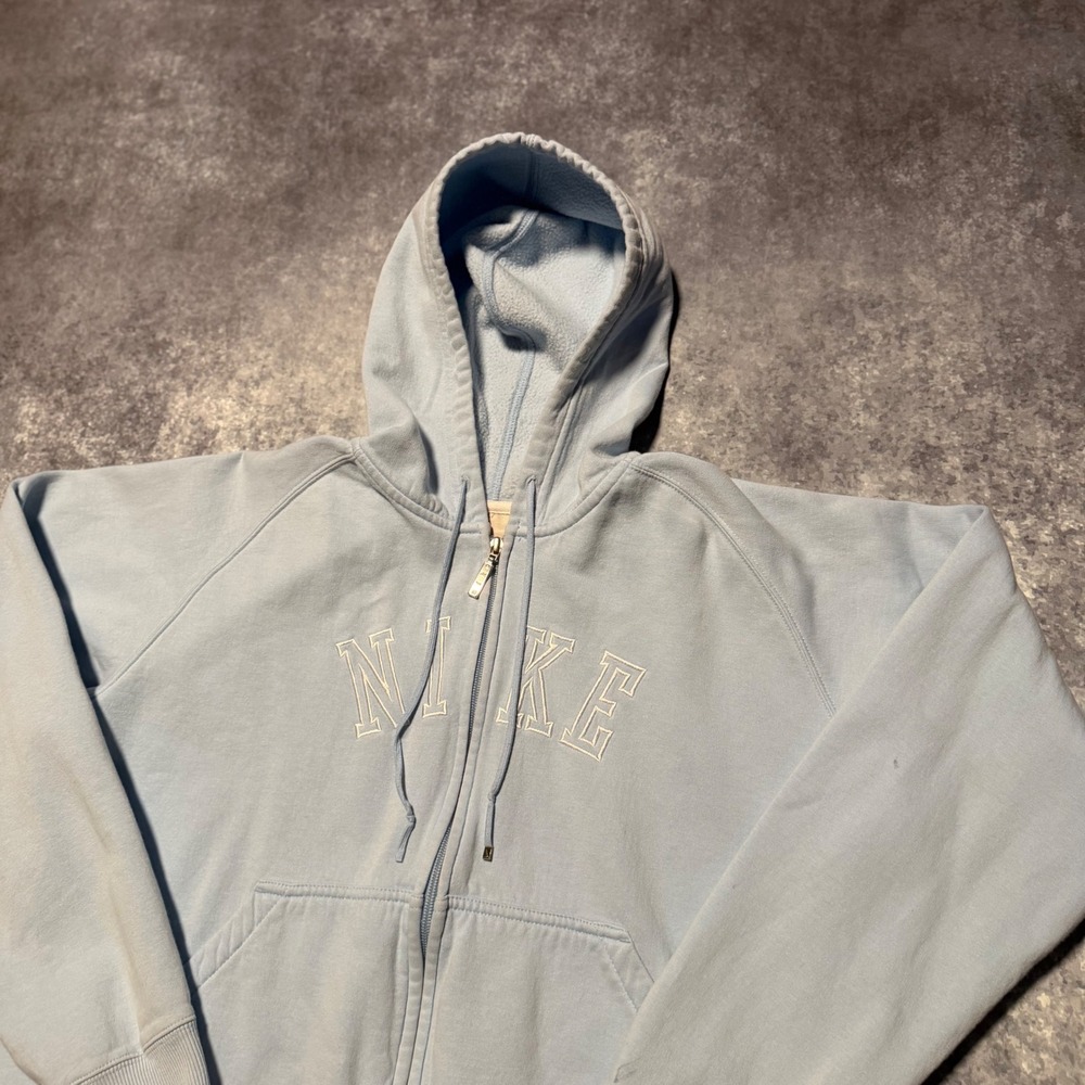 Y2K Nike Baby Blue Zip Up Hoodie Sweatshirt Women's XL‎ Arch Logo Cotton Blend